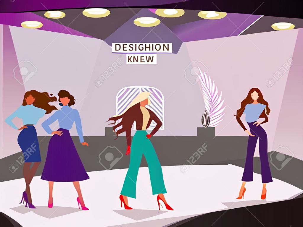I personaggi dei cartoni animati di modelli di moda rappresentano la collezione di vestiti dei designer alla sfilata di moda - illustrazione vettoriale piatta. Sfondo interno della sala per spettacoli con pista.