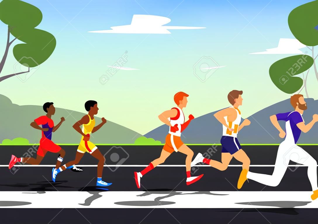 Scena zawodów sportowych sprinterskich lub maratońskich z biegnącymi sportowcami na tle krajobrazu, płaska ilustracja wektorowa, postacie z kreskówek sportowców na torze stadionu