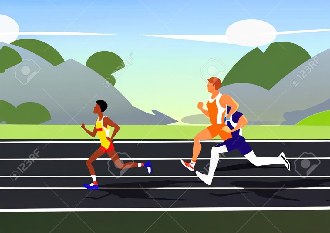 Scena zawodów sportowych sprinterskich lub maratońskich z biegnącymi sportowcami na tle krajobrazu, płaska ilustracja wektorowa, postacie z kreskówek sportowców na torze stadionu