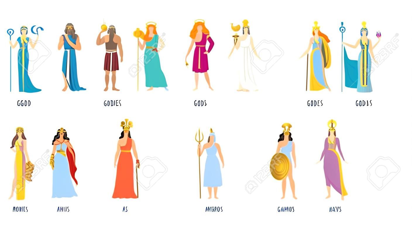 Conjunto de personagens da mitologia grega - coleção de deus e deusa dos desenhos animados da Grécia Antiga. Pessoas isoladas em roupas olímpicas antigas com símbolos divinos, ilustração vetorial.