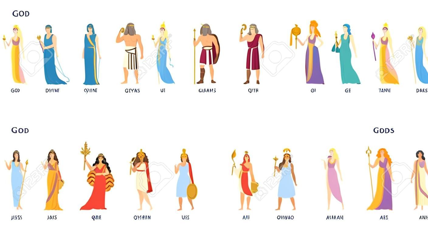 Conjunto de personagens da mitologia grega - coleção de deus e deusa dos desenhos animados da Grécia Antiga. Pessoas isoladas em roupas olímpicas antigas com símbolos divinos, ilustração vetorial.