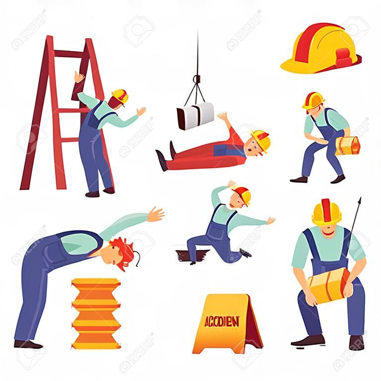 Wypadek i uraz w pracy zestaw z męskim charakterem pracownika budowlanego, płaskie wektor ilustracja na białym tle. bezpieczeństwo środowiska pracy i ubezpieczenie.