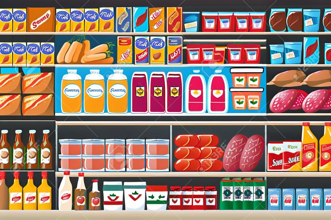 Scaffali del supermercato con assortimento di prodotti alimentari e bevande piatto colorato fumetto illustrazione vettoriale. La vendita al dettaglio interna del mercato di generi alimentari si trova sullo sfondo.
