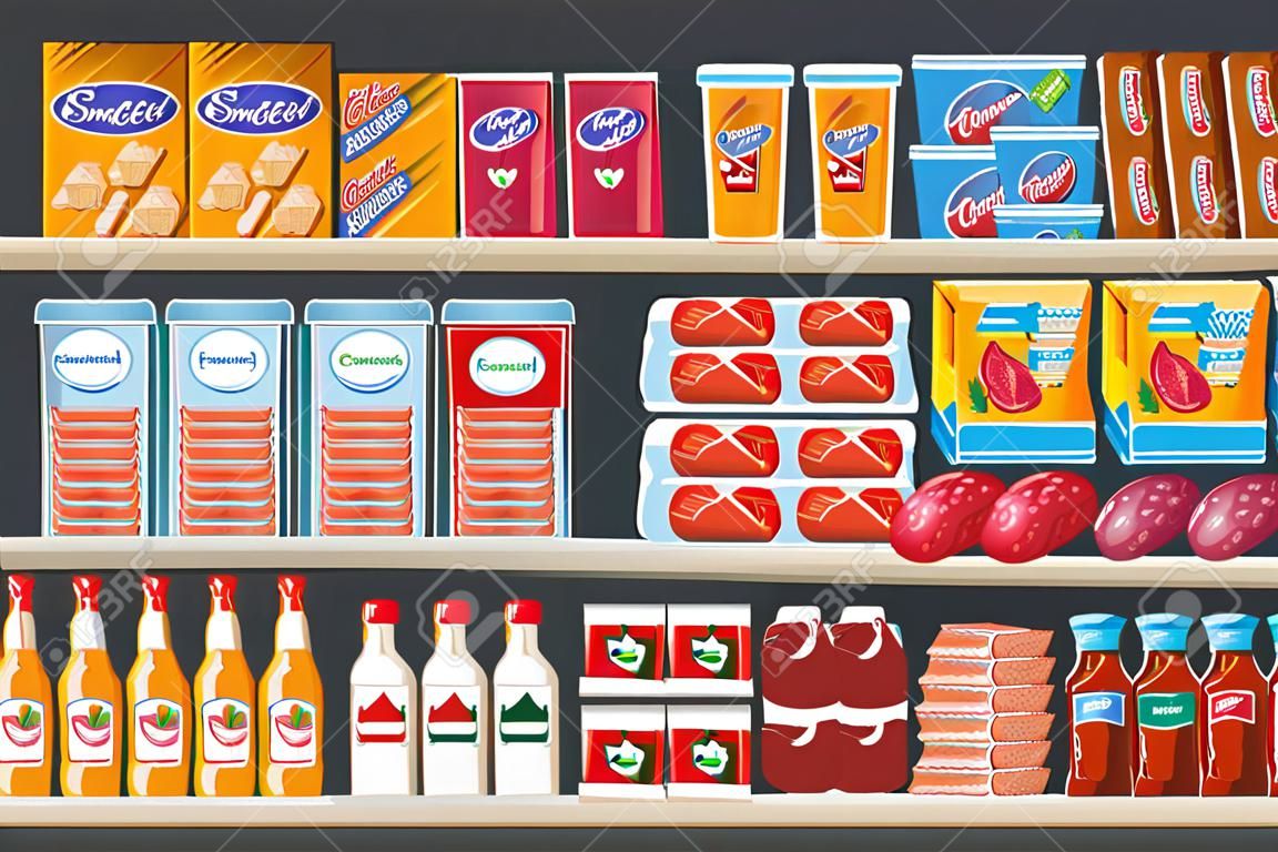 Supermarkt planken met assortiment voedingsmiddelen en dranken platte kleurrijke cartoon vector illustratie. Levensmiddelenmarkt interieur retail staat achtergrond.