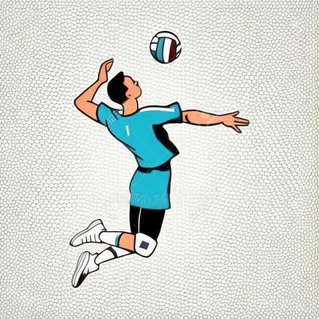 Personaggio dei cartoni animati dell'uomo del giocatore di pallavolo che salta palla alta che serve, illustrazione di vettore di schizzo isolata su fondo bianco. Atleta della squadra sportiva nell'immagine in movimento.