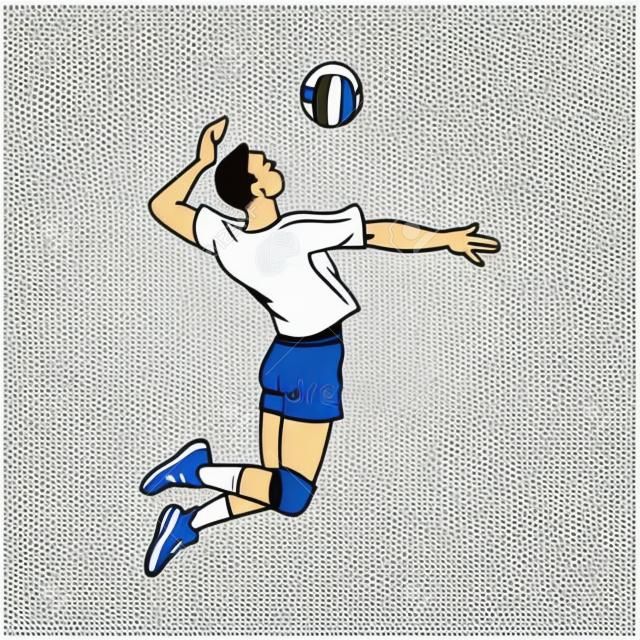 Personaggio dei cartoni animati dell'uomo del giocatore di pallavolo che salta palla alta che serve, illustrazione di vettore di schizzo isolata su fondo bianco. Atleta della squadra sportiva nell'immagine in movimento.