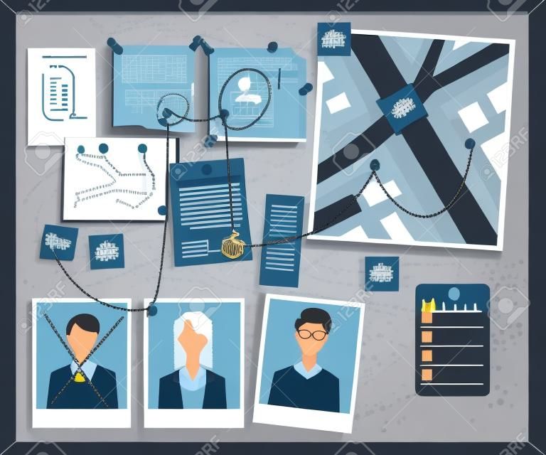 Police investigation evidence board or detective map with pins of criminals photos, flat vector illustration isolated on background. Crime and justice concept.
