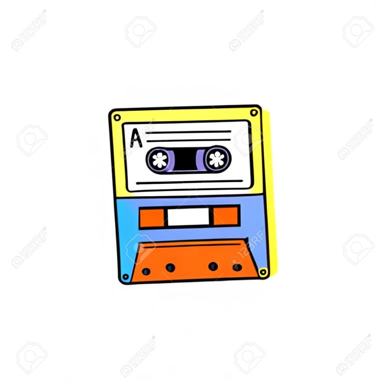 Icône colorée de cassette audio rétro, illustration de vecteur de dessin animé isolée sur fond blanc. Enregistreur de musique stéréo du symbole ou du signe de la bande audio des années 80 et 90.