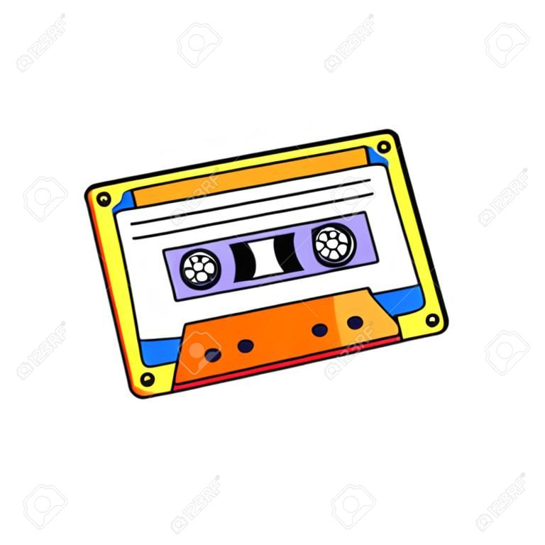 Icône colorée de cassette audio rétro, illustration de vecteur de dessin animé isolée sur fond blanc. Enregistreur de musique stéréo du symbole ou du signe de la bande audio des années 80 et 90.