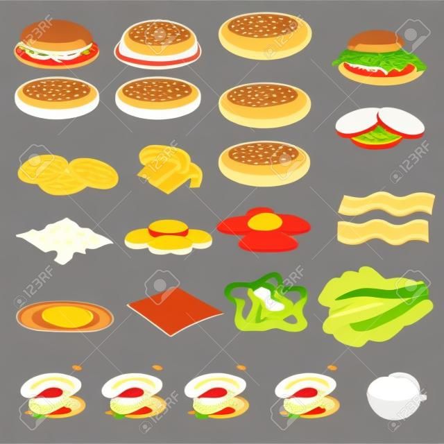 Big set of burgers ingredients and toppings, flat vector illustration isolated on white background. Kinds of vegetables and meat for burger and hamburger preparing.