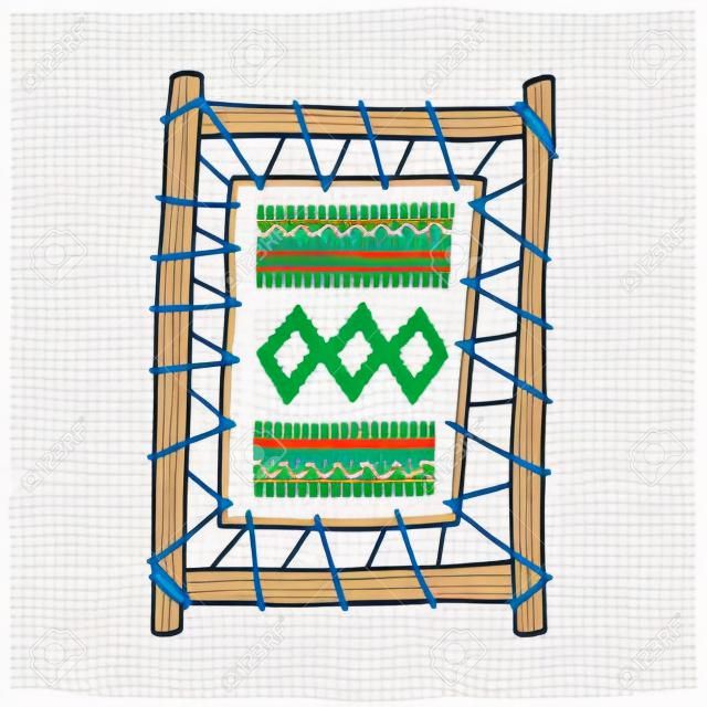 Icône de cadre de métier à tisser avec tissu tissé ou tapis, illustration de vecteur de dessin animé de croquis isolé sur fond blanc. Symbole de la technologie de tissage traditionnel.