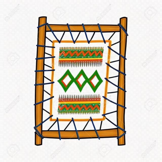 Icône de cadre de métier à tisser avec tissu tissé ou tapis, illustration de vecteur de dessin animé de croquis isolé sur fond blanc. Symbole de la technologie de tissage traditionnel.