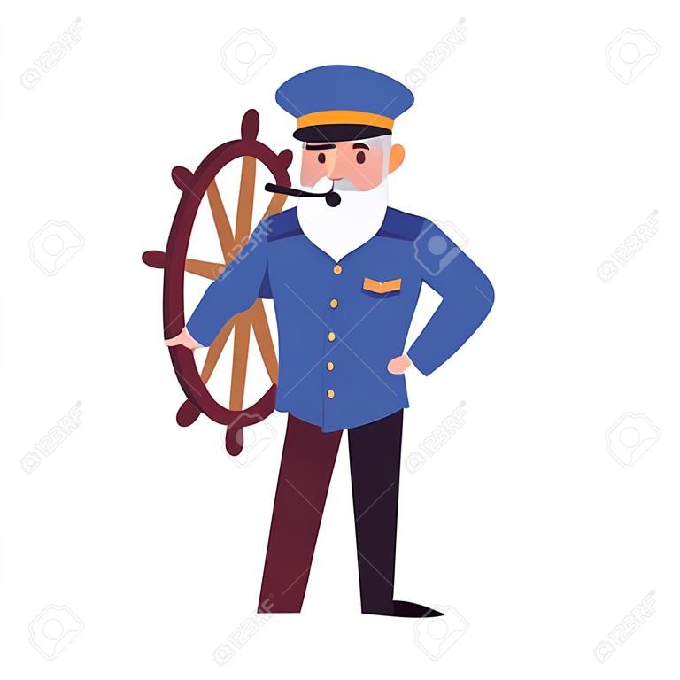 Icône isolée du capitaine de mer derrière le volant à bord du navire. Un marin barbu en uniforme, casquette et pipe à fumer. Illustration vectorielle de dessin animé plat.