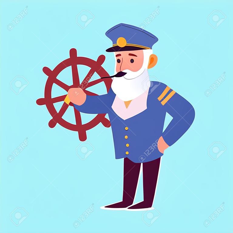 Icône isolée du capitaine de mer derrière le volant à bord du navire. Un marin barbu en uniforme, casquette et pipe à fumer. Illustration vectorielle de dessin animé plat.