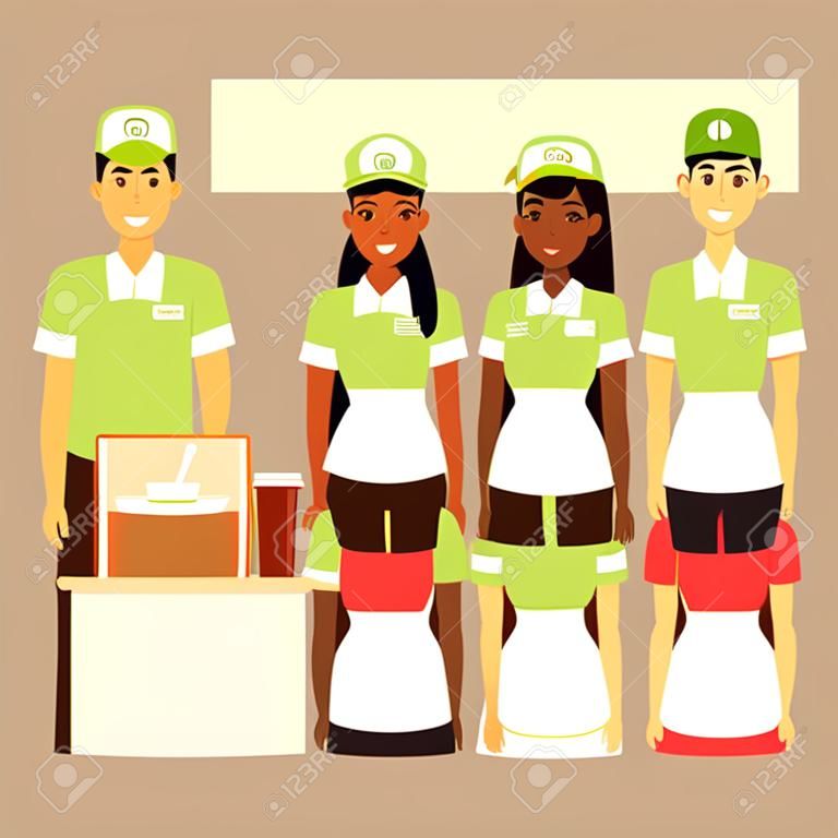 Trabalhadores de restaurante de fast food. Equipe de jovens em uniforme verde, equipe de serviço para receber as ordens. Ilustrações vetoriais de desenhos animados planas isoladas no fundo branco