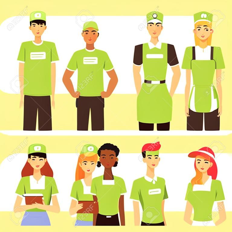 Trabalhadores de restaurante de fast food. Equipe de jovens em uniforme verde, equipe de serviço para receber as ordens. Ilustrações vetoriais de desenhos animados planas isoladas no fundo branco
