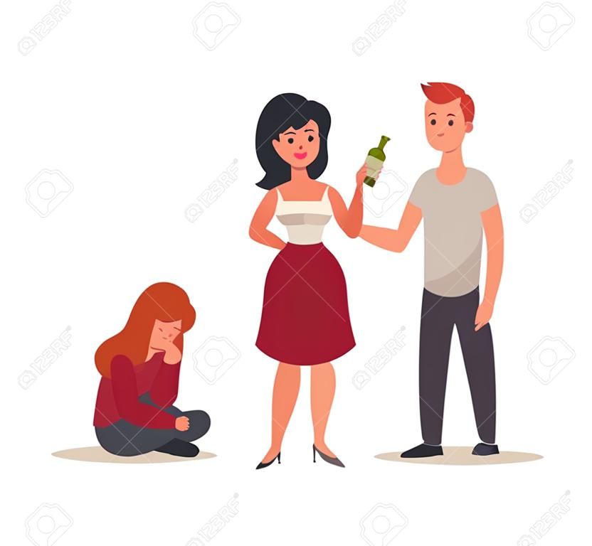 Alcohol addiction and family conflict, flat vector illustration isolated.