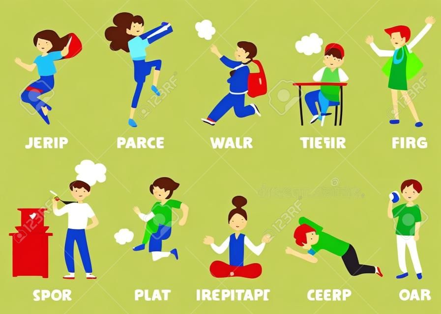 Children actions set for learning English verbs, vector illustration isolated.