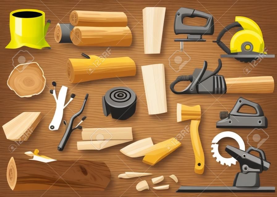 Wood logs materials and carpenter tools set, flat vector illustration isolated.