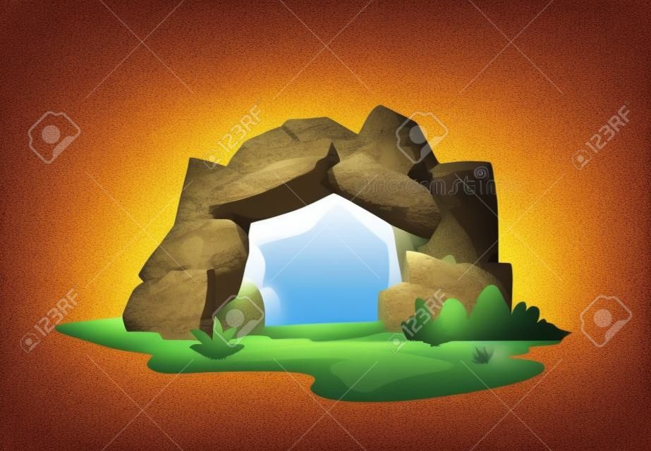 Entrée de la grotte de pierre brune vue extérieure style plat, illustration vectorielle