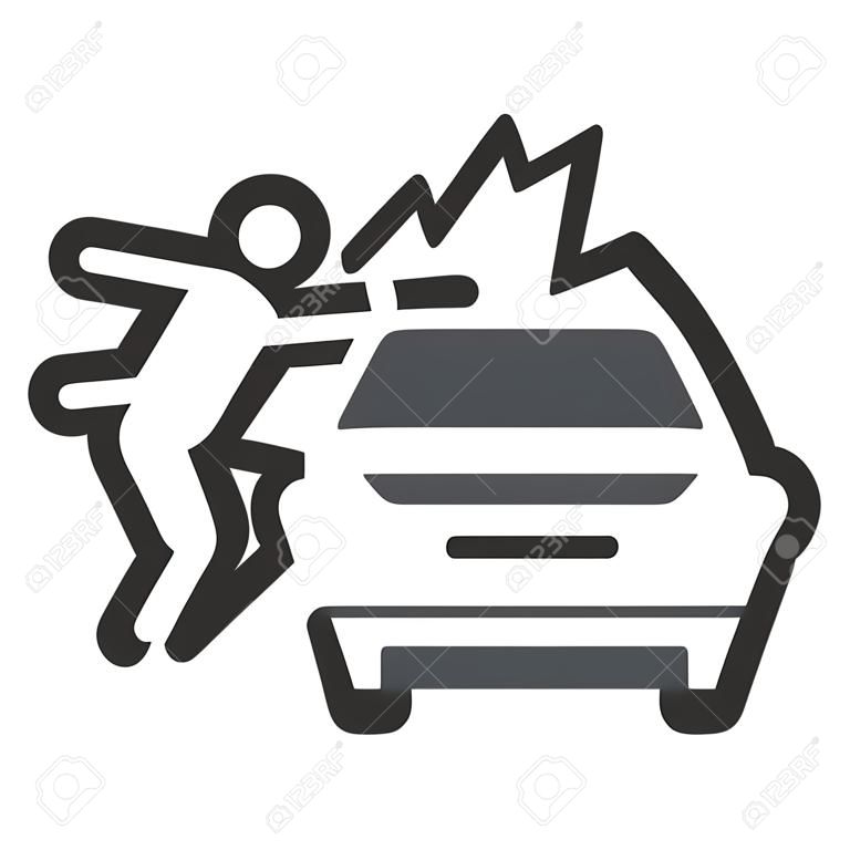 歩行者の線アイコンとの衝突。車両は、スマッシュシンボル、白い背景にアウトラインスタイルのピクトグラムと男をノックダウン。モバイルコンセプト、ウェブデザインのための自動車事故サイン。