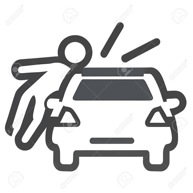 歩行者の線アイコンとの衝突。車両は、スマッシュシンボル、白い背景にアウトラインスタイルのピクトグラムと男をノックダウン。モバイルコンセプト、ウェブデザインのための自動車事故サイン。