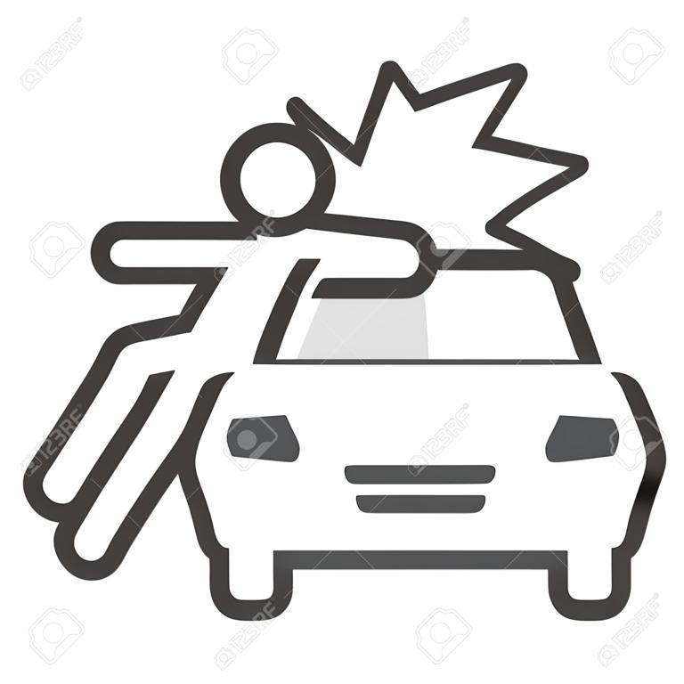Kollision mit dem Symbol für die Fußgängerlinie. Fahrzeug-Knock-Down-Mann mit Smash-Symbol, Umriss-Piktogramm auf weißem Hintergrund. Autounfallzeichen für mobiles Konzept, Webdesign.