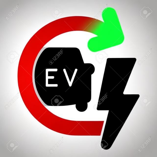 Solides Symbol für das Aufladen von Elektroautos, Elektroautokonzept, EV mit Pfeil- und Blitzzeichen auf weißem Hintergrund, E-Auto-Symbol im Glyphenstil für mobiles Konzept und Webdesign. Vektorgrafiken.
