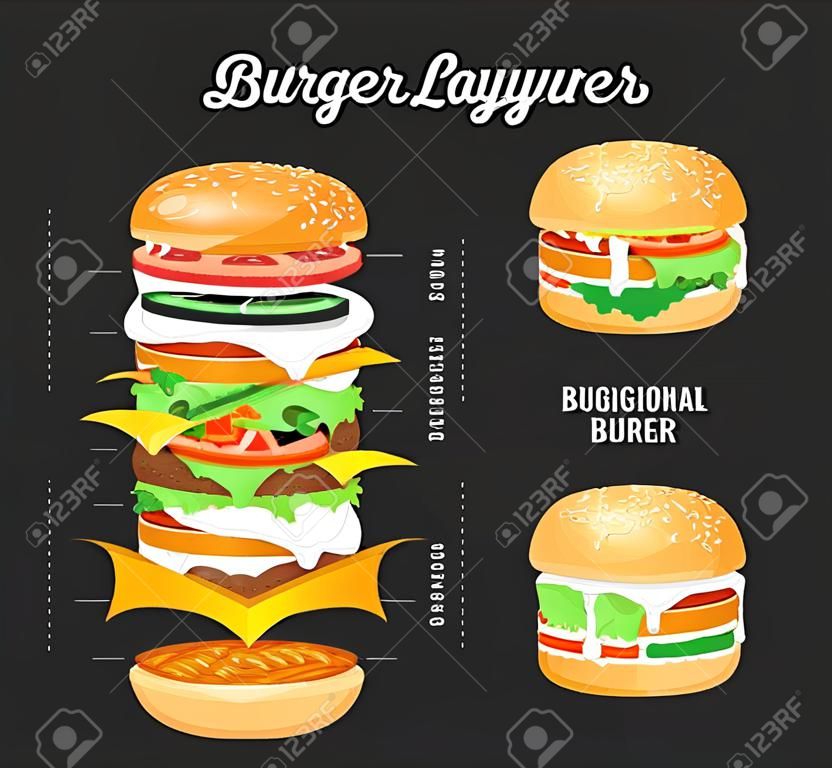 Burger layers illustration. Burger infographics