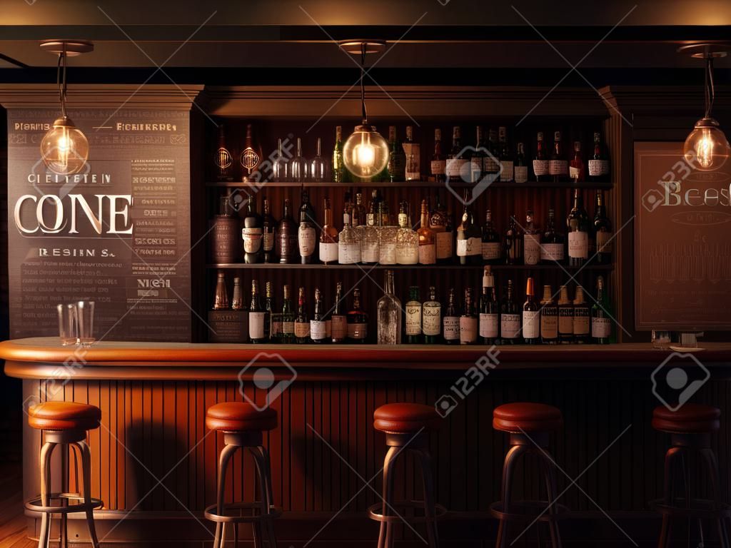 Bar counter with a variety of alcoholic beverages in a pub or restaurant