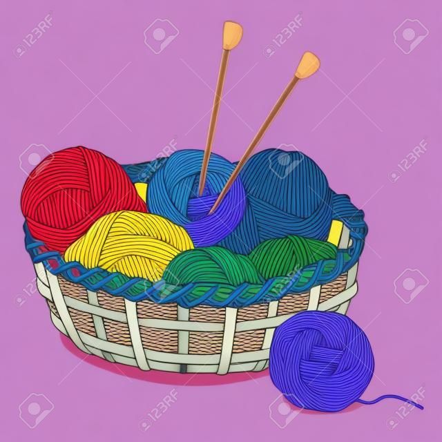 Tangles de cores diferentes com lã para tricô em uma cesta de vime. Ilustração vetorial colorida em estilo esboço.