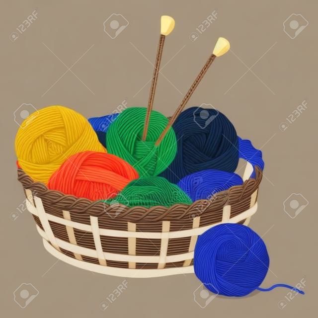 Tangles of different colors with wool for knitting in a wicker basket. Colorful vector illustration in sketch style.