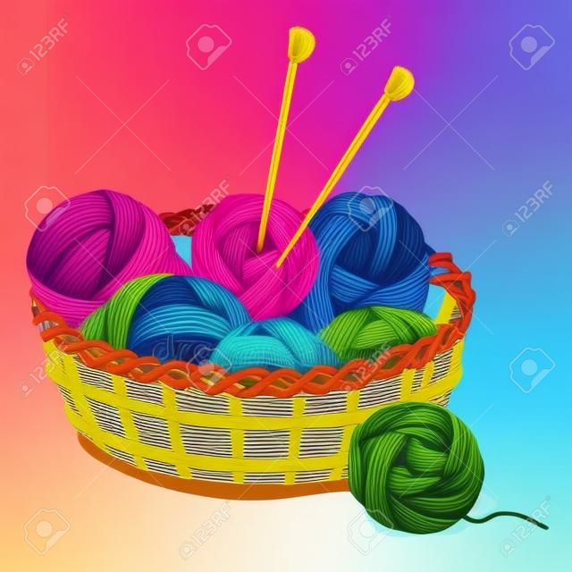 Tangles de cores diferentes com lã para tricô em uma cesta de vime. Ilustração vetorial colorida em estilo esboço.