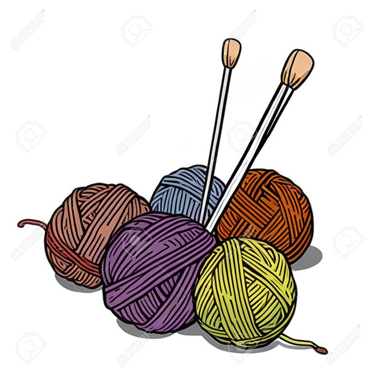 Ballen van verschillende kleuren wol voor breien en breinaalden. Kleurrijke vector illustratie in schets stijl.
