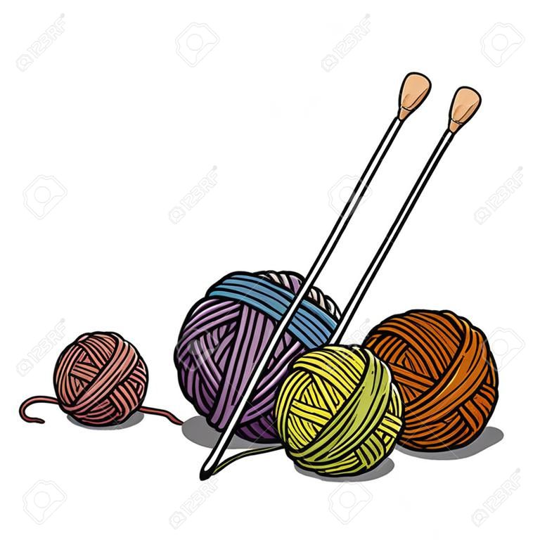 Ballen van verschillende kleuren wol voor breien en breinaalden. Kleurrijke vector illustratie in schets stijl.