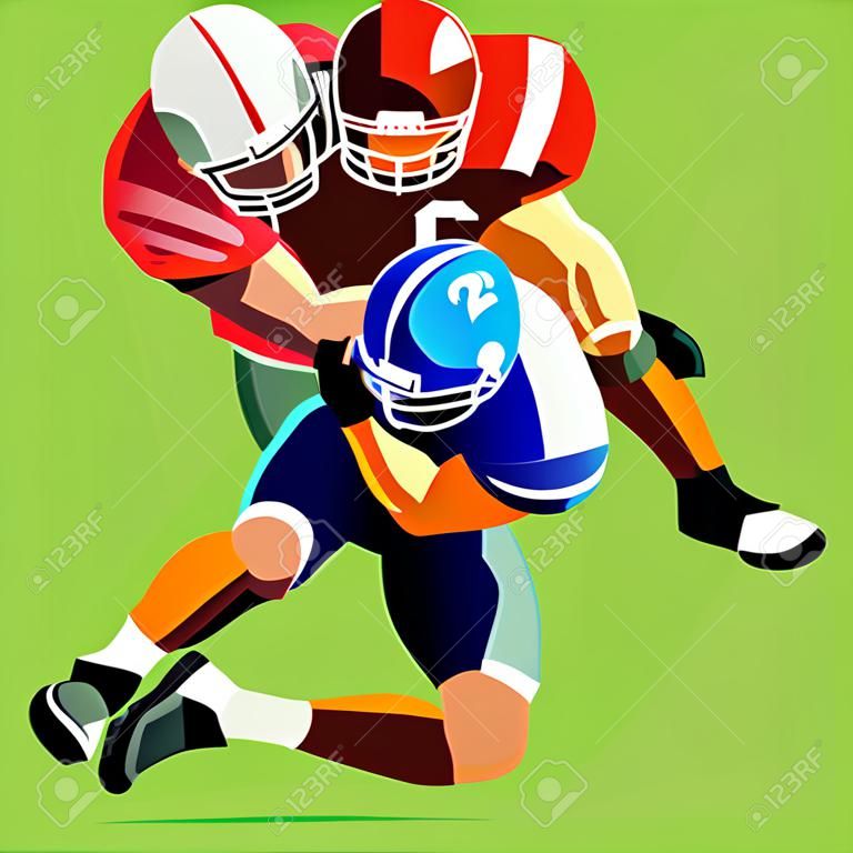 Two american football player fighting for a ball