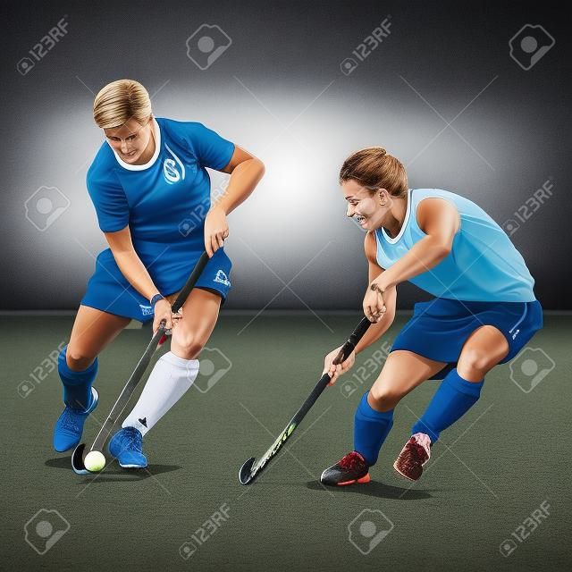 Two field hockey players fighting for a ball