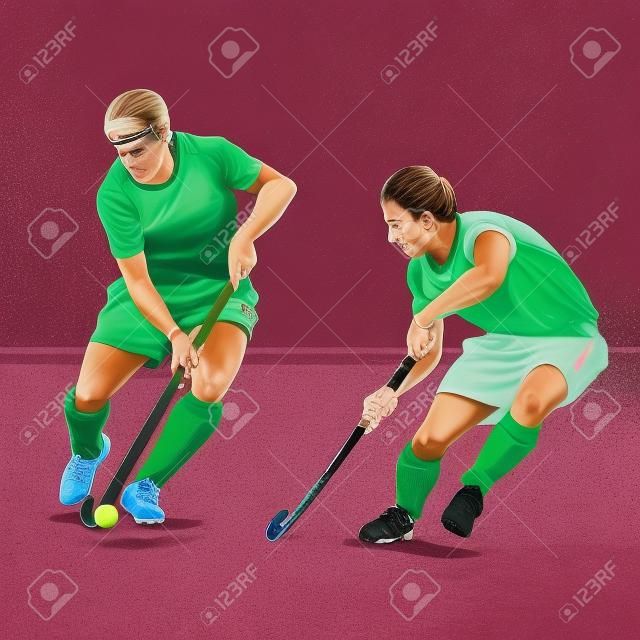 Two field hockey players fighting for a ball