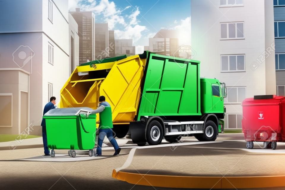 Śmieciarka samochodowa zbiera śmieci w dzielnicach mieszkaniowych nowoczesnego miasta. mężczyźni ładują metalowy pojemnik ze śmieciami do samochodu w celu zbierania i transportu śmieci