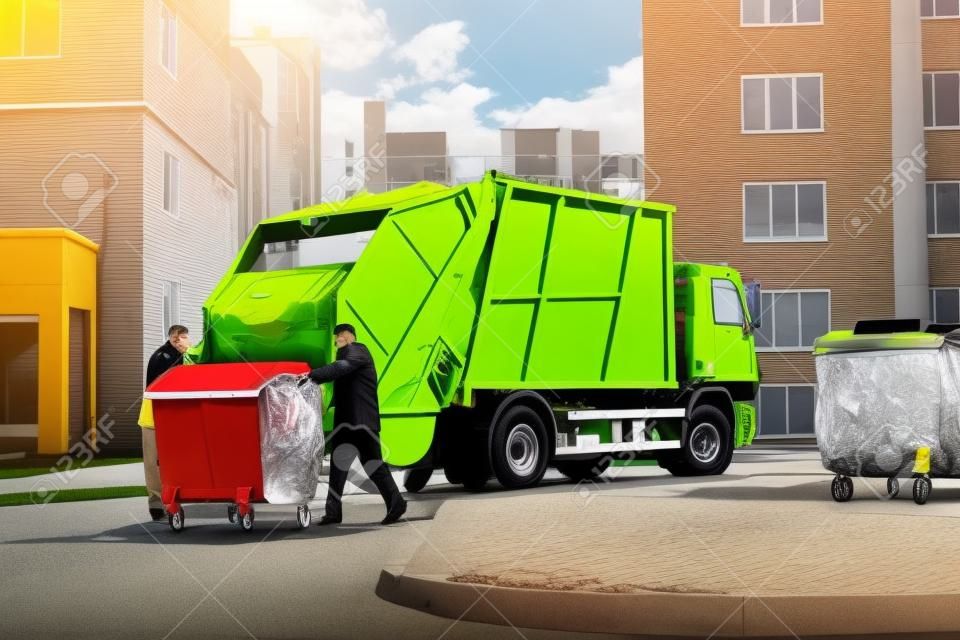 Śmieciarka samochodowa zbiera śmieci w dzielnicach mieszkaniowych nowoczesnego miasta. mężczyźni ładują metalowy pojemnik ze śmieciami do samochodu w celu zbierania i transportu śmieci