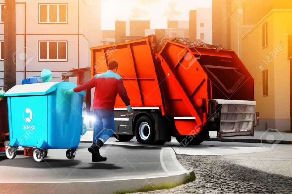 An automobile garbage truck collects garbage in residential areas of a modern city. Close-up of a car for collecting and transporting garbage