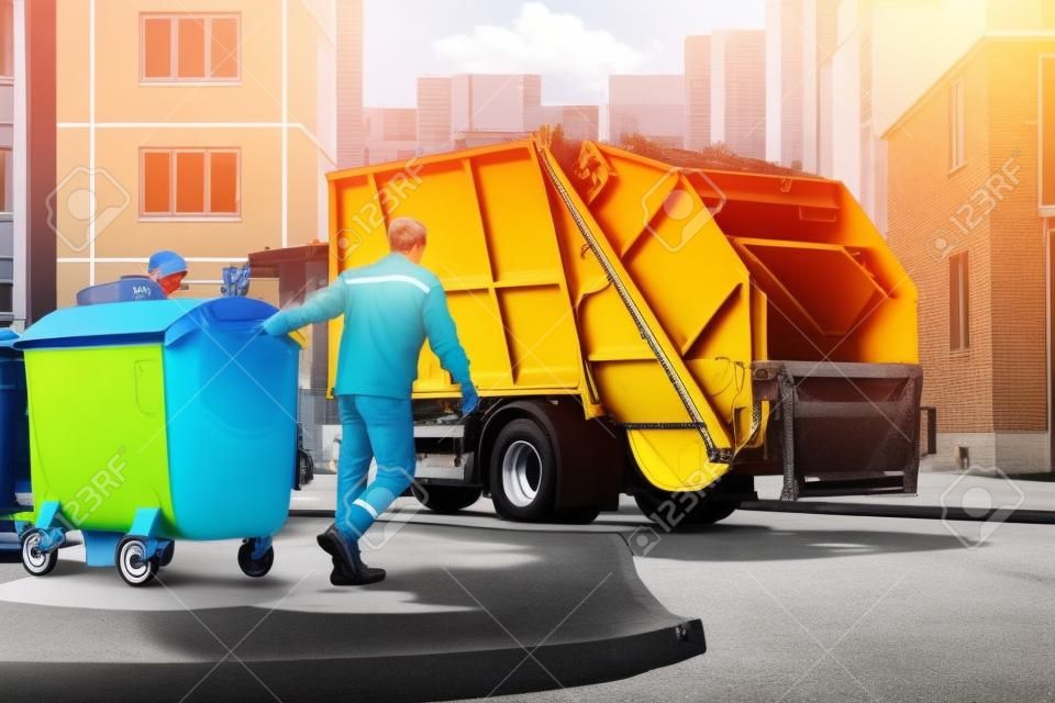 An automobile garbage truck collects garbage in residential areas of a modern city. Close-up of a car for collecting and transporting garbage