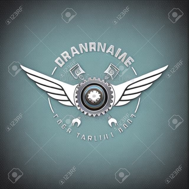 auto emblem gear with wings and instruments vector illustration