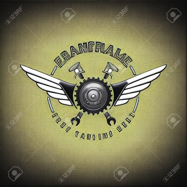 auto emblem gear with wings and instruments vector illustration