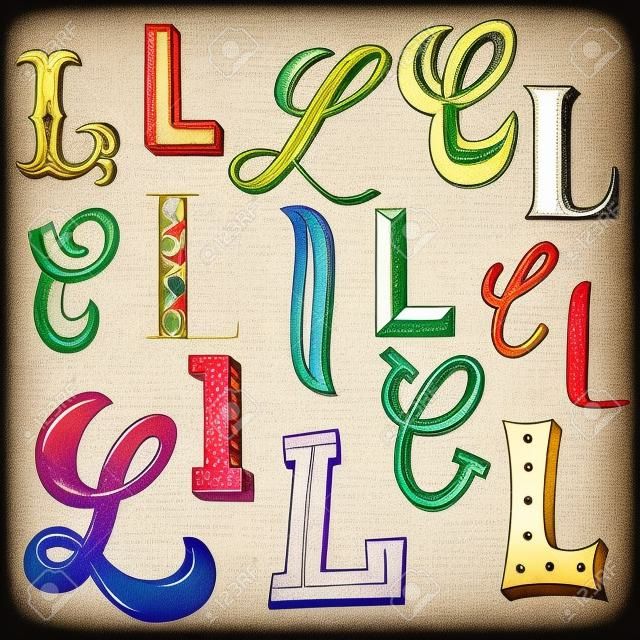 Hand drawn set of different writing styles for letter L
