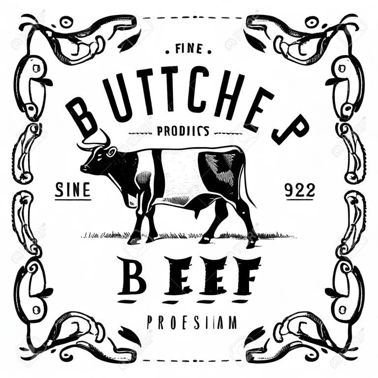 肉店復古徽牛肉肉製品，屠宰標誌模板復古風格。復古設計標識，標籤，徽章和品牌設計。矢量插圖隔絕在白色。