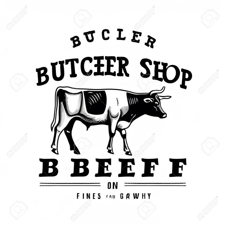 정육점 빈티지 상징 쇠고기 육류 제품, 도살 로고 템플릿 복고 스타일입니다. 로고, 라벨, 배지 및 브랜드 디자인 빈티지 디자인. 벡터 일러스트 레이 션 화이트에 격리입니다.