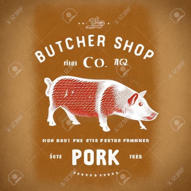 prodotti a base di carne di maiale Butcher negozio vintage emblema Macelli Logo modello di stile retrò. Vintage design per logotipo, etichetta, distintivo e il design del marchio. illustrazione vettoriale.