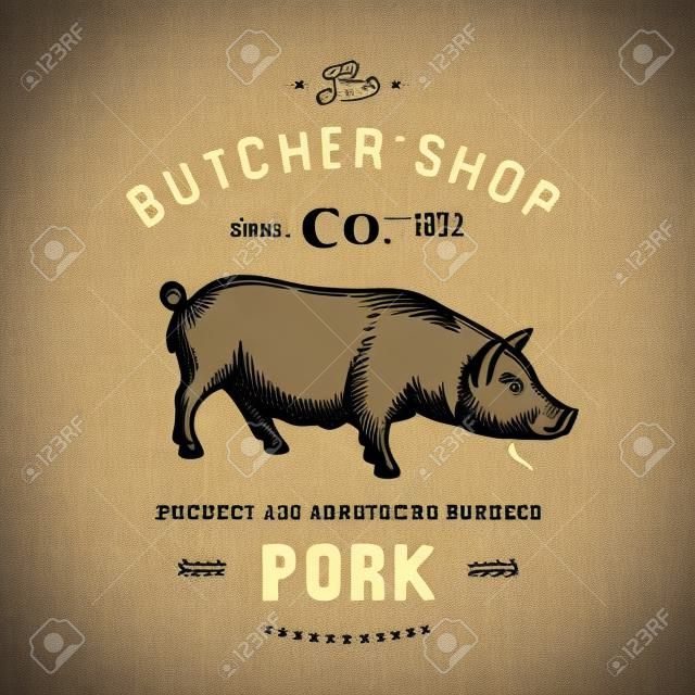 prodotti a base di carne di maiale Butcher negozio vintage emblema Macelli Logo modello di stile retrò. Vintage design per logotipo, etichetta, distintivo e il design del marchio. illustrazione vettoriale.