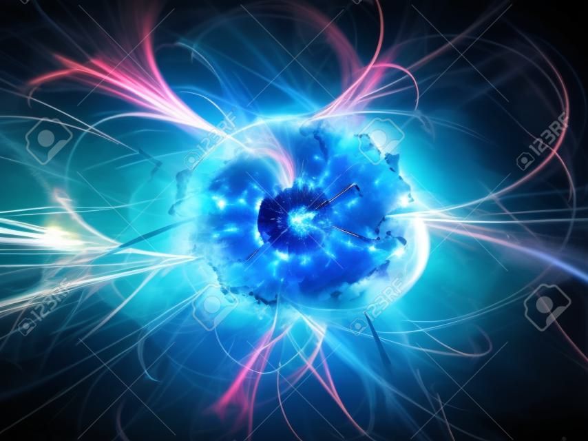 Blu incandescente esplosione nello spazio, sfera di plasma ad alta energia, generato dal computer sfondo astratto
